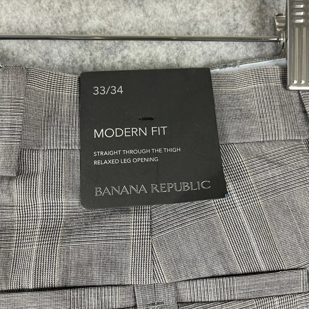Banana Republic Pants Mens 33/34‎ Gray Glen Check Modern Fit Cotton Career NEW
